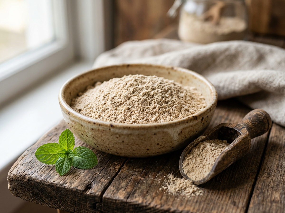 Bowl of fine cricket flour with a wooden scoop
