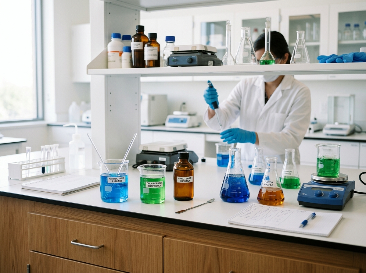 Laboratory beakers and flasks with colored liquids