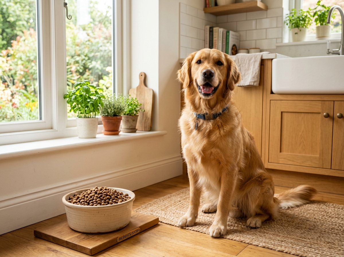 Golden retriever beside a bowl of kibble