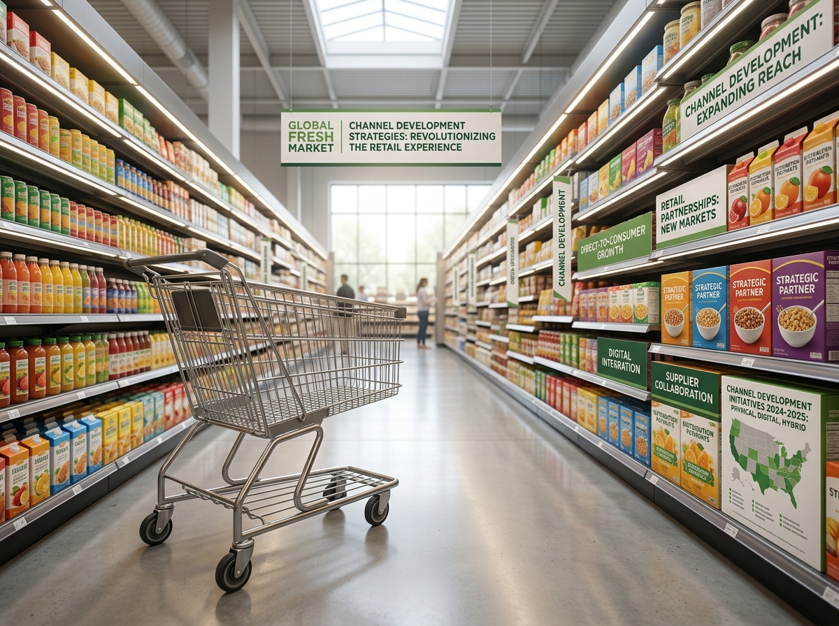 Shopping cart in a bright supermarket aisle