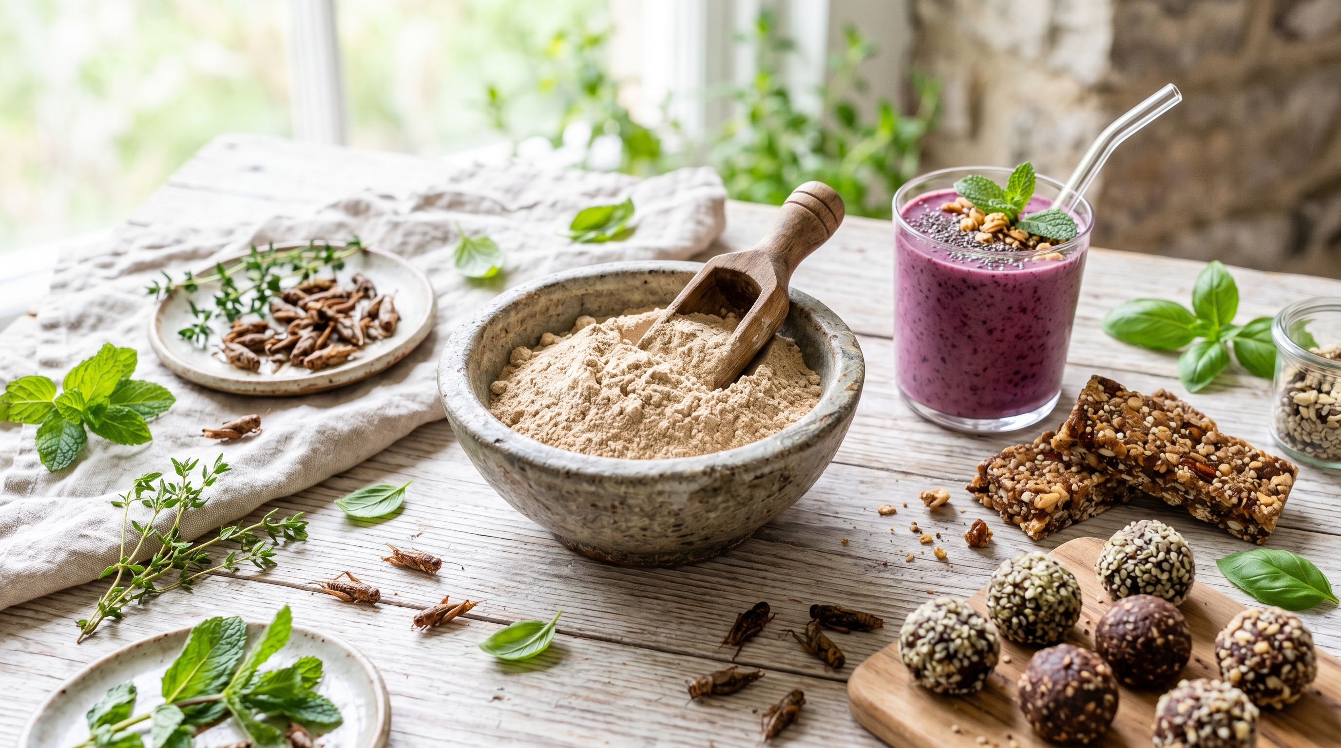 Cricket flour, protein snack bars, energy bites and a berry smoothie on a wooden table